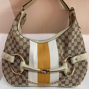 🔴SOLD - Gucci 2000s Monogram Canvas & White Leather Horsebit Hobo bag